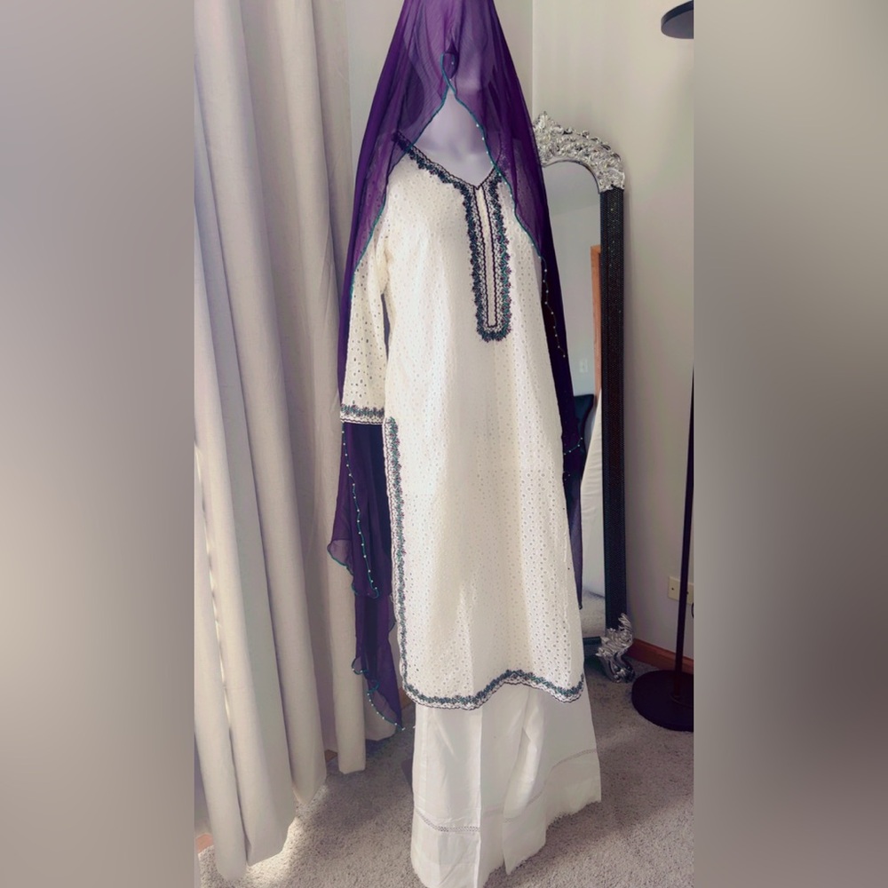 Elegant White and Purple Embroidered Dress